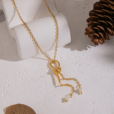 Minimalist Stainless Steel and Water Drop Natural Freshwater Pearl Knot Tassel Pendant Necklaces for Women DX0351-1-1