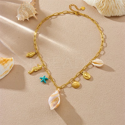 304 Stainless Steel Starfish Sea Horse Shell Shape Pendant Necklaces for Women NJEW-F347-01B-1