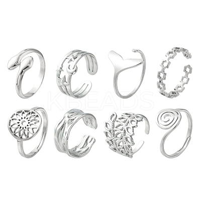 8Pcs 8 Style Whale Tail & Wave & Flower & Vortex & Snake Stainless Steel Open Cuff Ring Set RJEW-FS0001-02-1