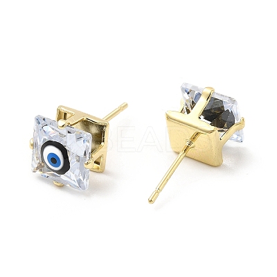 Square Glass with Enamel Evil Eye Stud Earrings EJEW-P210-03G-05-1