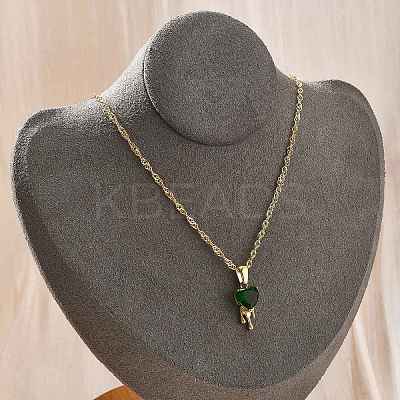 304 Stainless Steel Green Cubic Zirconia Pendant Necklaces for Women NJEW-C078-01C-G-1