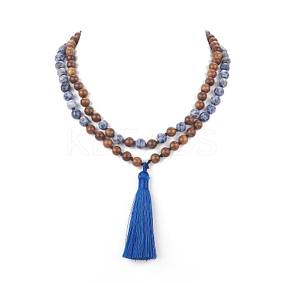Natural Blue Spot Jasper & Wood Buddhist Necklace NJEW-JN04306-1