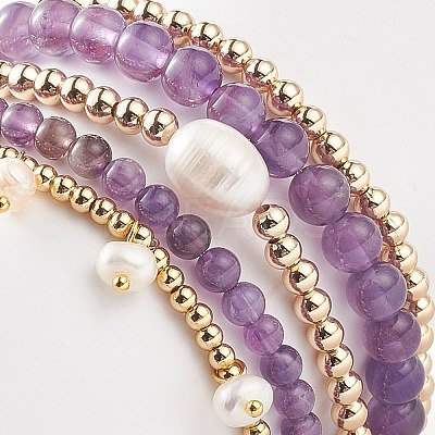 5Pcs 5 Style Natural Amethyst & Brass Beaded Stretch Bracelets Set BJEW-JB08870-01-1