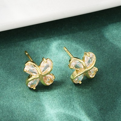 Flower Brass Micro Pave Clear Cubic Zirconia Stud Earrings EJEW-U064-03G-1