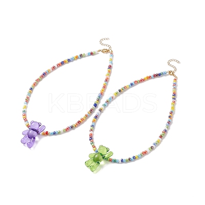 Acrylic Bear & Glass Seed Beaded Necklace for Women NJEW-JN03930-1