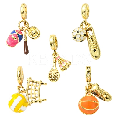5Pcs 5 Styles Sport Ball Theme Brass Enamel European Dangle Charms KK-CJ0003-89-1