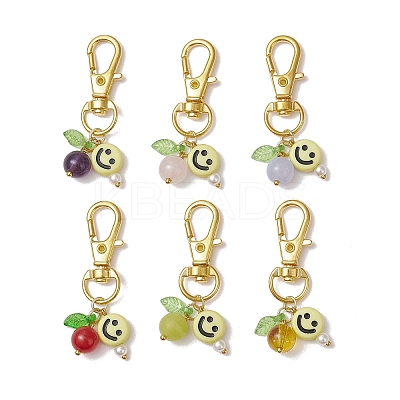 6Pcs Smiling Face Acrylic & Natural Lemon Jade & Quartz & Amethyst & Rose Quartz & Quartz Crystal & Dyed Malaysia Jade Pendant Decorations HJEW-JM03151-1