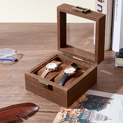 2-Slot Square Wood Watch Storage Boxes OBOX-WH0001-09-1