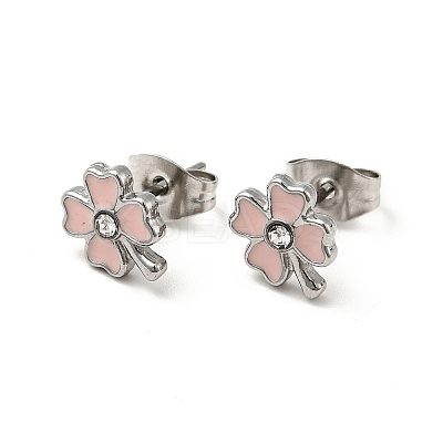 Enamel Clover with Crystal Rhinestone Stud Earrings with 316 Surgical Stainless Steel Pins EJEW-A081-12P-01-1