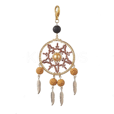 Woven Web/Net with Feather Glass Seed Beads Pendant Decorations HJEW-MZ00074-01-1