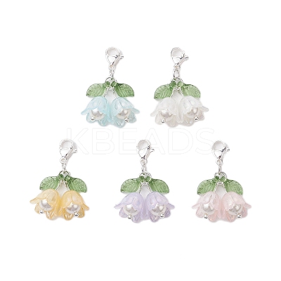 5Pcs 5 Colors Flower Acrylic & Shell Pearl Pendant Decoration HJEW-TA00282-1