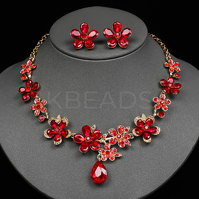 Flower & Teardrop Alloy Glass Stud Earring & Pendant Necklaces Sets for Women FS-WG5A09D-01-1
