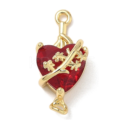 Brass with Glass Dark Red Sacred Heart Connector Charms X-KK-L253-27G-05-1