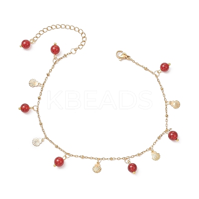 Dyed Natural Banded Agate Round & 304 Stainless Steel Shell Shape Tassel Anklets for Women AJEW-AN00702-02-1
