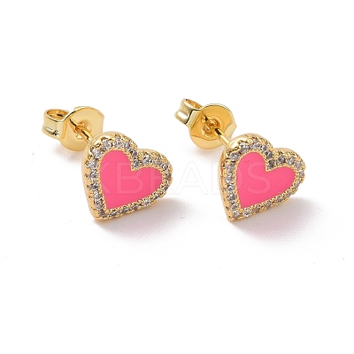 Deep Pink Enamel Heart Stud Earrings with Clear Cubic Zirconia EJEW-C030-04G-1