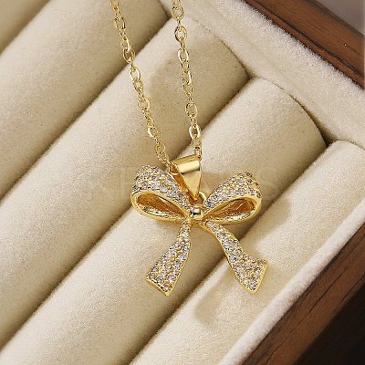Brass Micro Pave Clear Cubic Zirconia Cable Chain Bowknot Pendant Necklaces for Women LS-NJEW-C054-02C-G-1