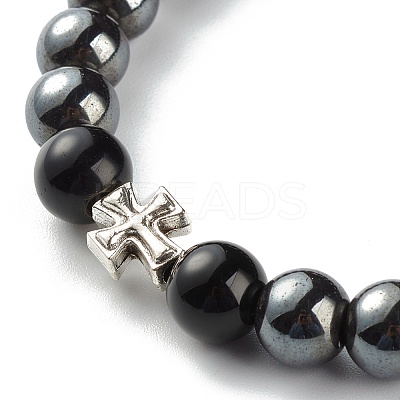 Natural Obsidian & Non-Magnetic Synthetic Hematite Round Beads Energy Stretch Bracelet for Men Women BJEW-JB06968-04-1
