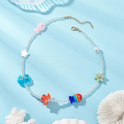 Summer Beach Handmade Lampwork Fish Octopus & Porcelain Flower & Star Natural Shell & Electroplate Glass Beaded Necklaces NJEW-TA00248-1