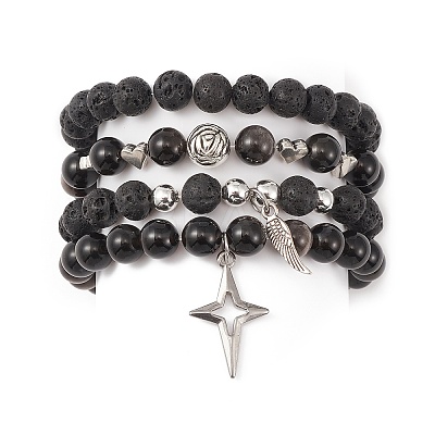 4Pcs 4 Style Natural Silver Obsidian & Lava Rock Stretch Bracelets Set BJEW-JB09480-1