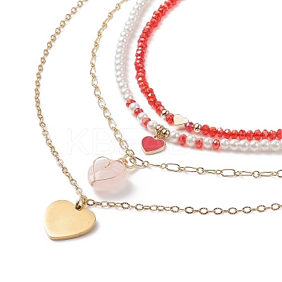 4Pcs 4 Style Natural Rose Quartz & 304 Stainless Steel & Alloy Enamel Pendant Necklaces Set NJEW-JN04069-1