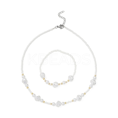 ABS Plastic Imitation Pearl Beaded Stretch Bracelet & Beaded Necklace SJEW-JS01278-1