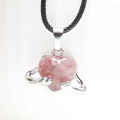 Natural Strawberry Quartz Heart with Metal Hands Pendant Necklaces FX8013-1-1