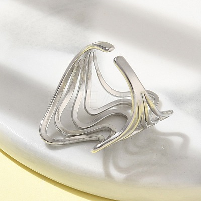 304 Stainless Steel Wave Open Cuff Ring for Women RJEW-M025-01P-1
