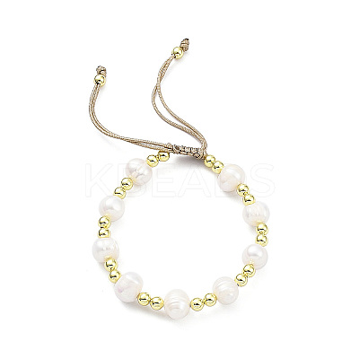 Adjustable Natural Pearl & Brass Braided Beaded Bracelet for Women BJEW-O187-01-1