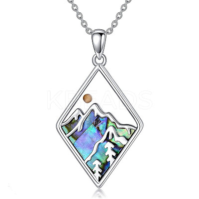 304 Stainless Steel Pave Natural Paua Shell & Mustard Seeds Rhombus with Mountain Faith Pendant Necklaces FS-WG4919D-01-1
