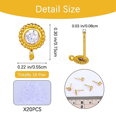 8 Pair 2 Color Flat Round Brass Micro Pave Cubic Zirconia Stud Earring Findings ZIRC-SZ0005-03-1