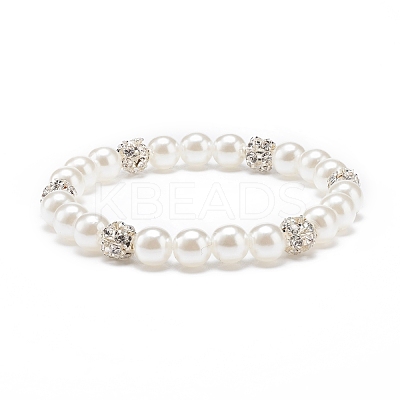 ABS Plastic Pearl & Brass Round Beaded Stretch Bracelet with Clear Rhinestone for Women BJEW-JB08523-02-1