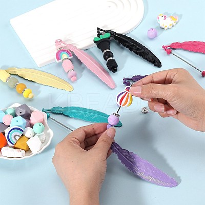 11Pcs 11 Colors Spray Printed Alloy Feather Pendant Bookmarks AJEW-SZ0002-64-1