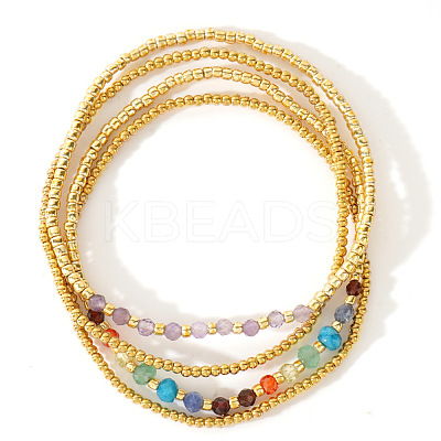 4Pcs Luxury Natural Amethyst Round Beads & Moonstone & Lapis Lazuli & Malaysia Jade & Glass & Cubic Zirconia & Purple Garnet & Red Garnet & Glass Seed Beads Stretch Bracelet Set for Women AP3962-5-1