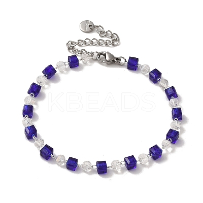 Rondelle Cube Glass & Brass Link Chain Bracelets BJEW-L685-09P-1