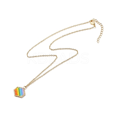 Rainbow Color Japanese Seed Braided Hexagon Pendant Necklace with 304 Stainless Steel Chains for Women NJEW-MZ00006-1