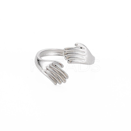 Non-Tarnish 304 Stainless Steel Double Hand Hug Open Cuff Ring for Women RJEW-S405-199P-1