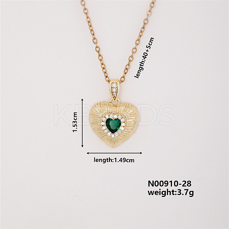 Vintage Heart-shaped Brass Micro Pave Green Cubic Zirconia Pendant Necklaces FH1361-4-1