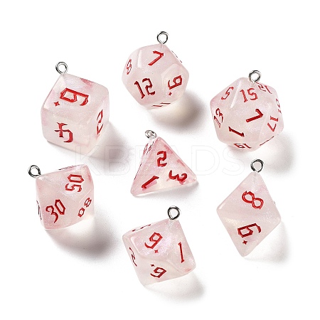 7Pcs 7 Styles Transparent Resin Polyhedral Dice Pendants Set RESI-A029-01L-1