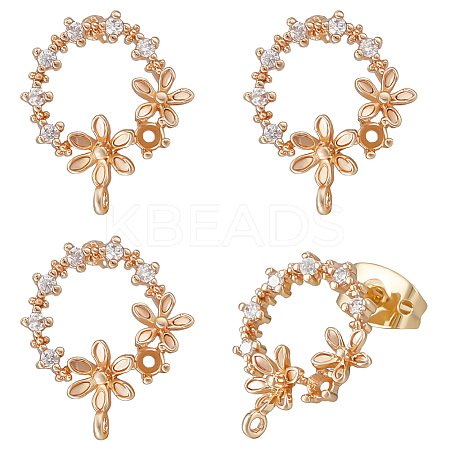 10Pcs Brass Micro Pave Clear Cubic Zirconia Flower Wreath Stud Earring Findings KK-BBC0008-34-1