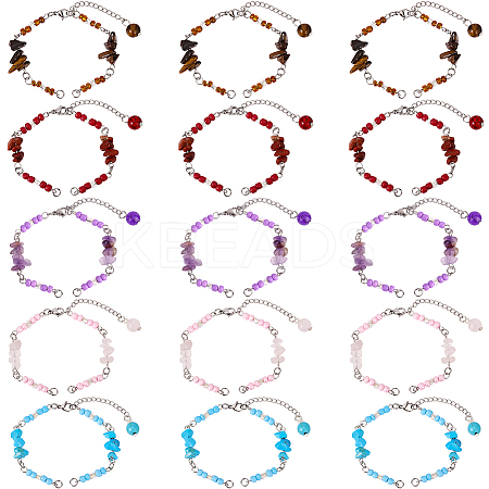 15Pcs 5 Styles Synthetic Turquoise & Natural Rose Quartz & Tiger Eye & Amethyst & Red Jasper Chips & Handmade Seed Beads Bracelet Making AJEW-SC0031-86-1
