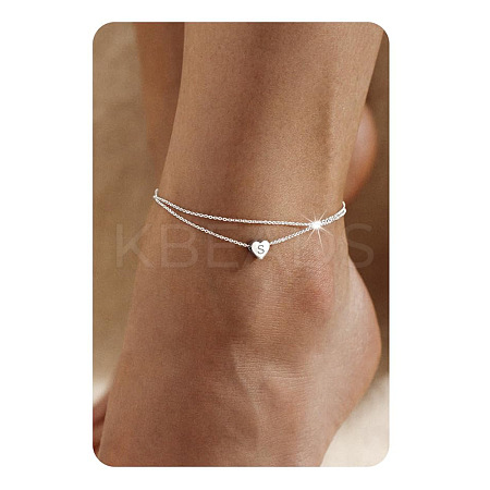 201 Stainless Steel Heart with Initial Charm Double Layer Anklets for Women FS-WG0EC0A-15-1