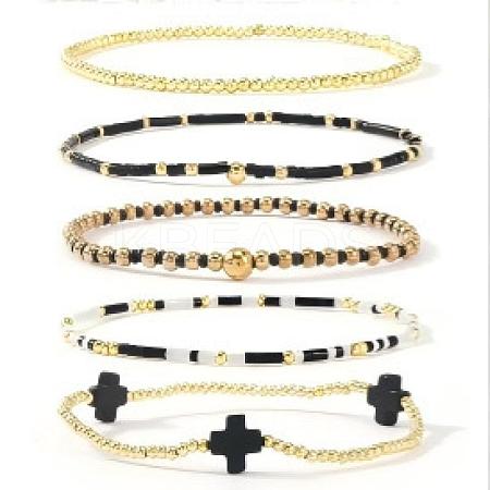 5Pcs 5 Styles Handmade Brass & Glass Beads Stretch Bracelet Set OI0028-12-1