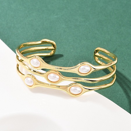 22MM Brass & ABS Plastic Pearl 3 Line Cuff Bangles for Women LS-BJEW-L707-01G-1