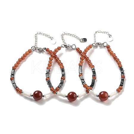 Natural Carnelian Round & Synthetic Non-magnetic Hematite & White Shell Beaded Bracelets for Women BJEW-K251-02C-1