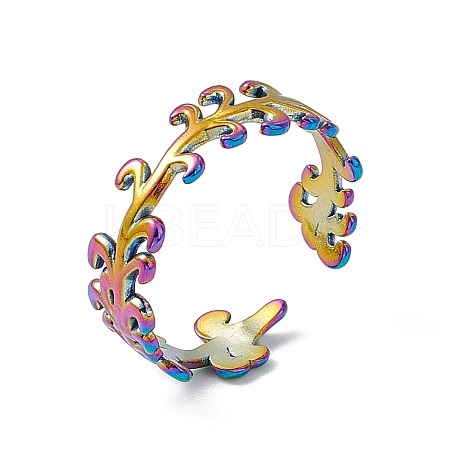 Ion Plating(IP) 304 Stainless Steel Leafy Branch Wrap Open Cuff Ring for Women RJEW-C045-20M-1