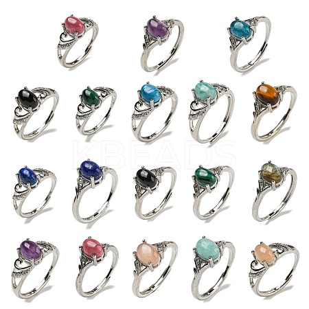 Oval Natural Gemstone Adjustable Rings RJEW-Q818-01P-1