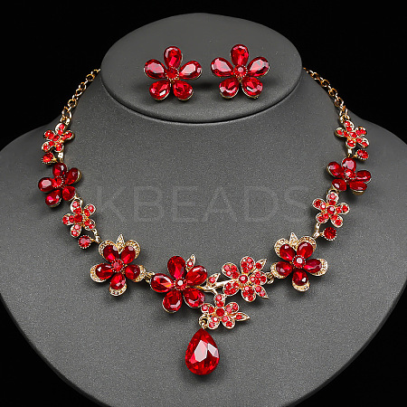 Flower & Teardrop Alloy Glass Stud Earring & Pendant Necklaces Sets for Women FS-WG5A09D-01-1