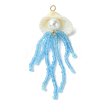 Natural Clam Shell & Glass Pearl & Glass Seed Beaded Big Pendants PALLOY-MZ00298-02-1