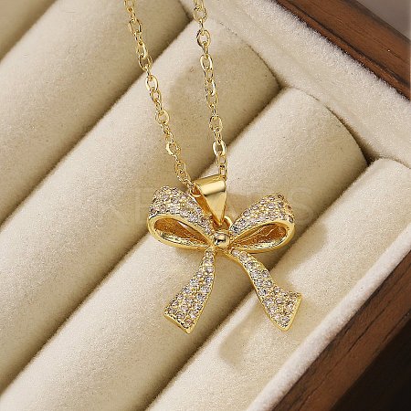 Brass Micro Pave Clear Cubic Zirconia Cable Chain Bowknot Pendant Necklaces for Women LS-NJEW-C054-02C-G-1