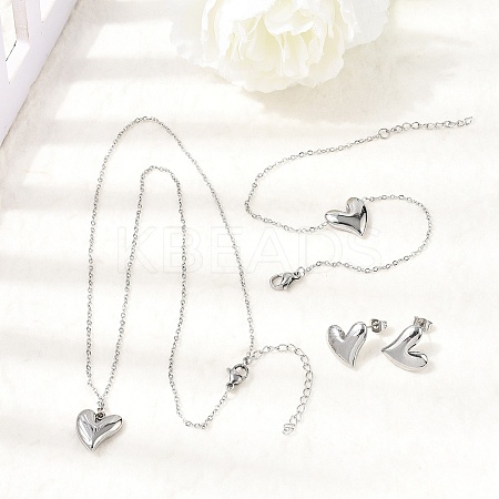304 Stainless Steel Heart Pendant Necklaces & Bracelets & Stud Earrings Sets SJEW-P008-01P-1